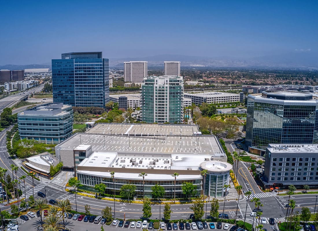 Irvine, CA - Low Altitude Aerial View of Downtown Irvine, California in Spring